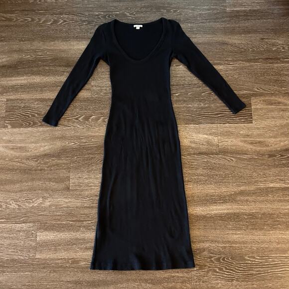 EUC James Perse Thermal Long Sleeve Maxi Dress Black Cotton Scoop Neck Rib Knit - Picture 2 of 16